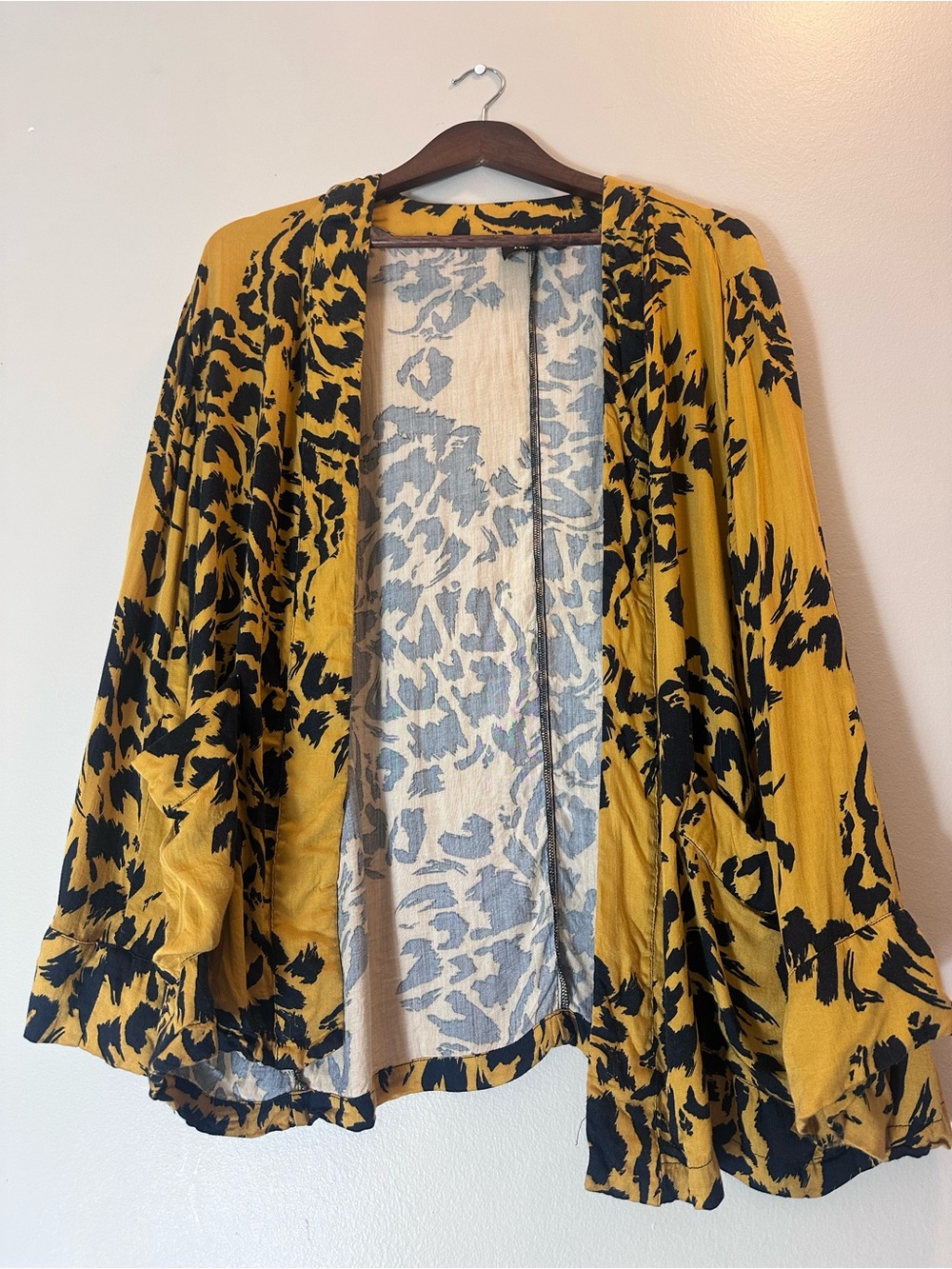 fab'rik Mustard Yellow and Black Printed Open-Front Cardigan